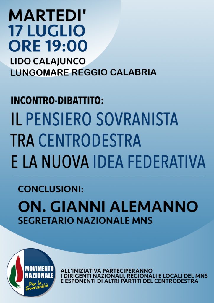 Reggio di Calabria Movimento Nazionale per la Sovranità, domani sera